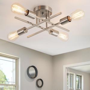 4-Light Modern Sputnik Chandeliers, Silver Mid Century Semi Flush Mount Ceiling Light Fixtures with E26 Base, Industrial Vintage Kitchen Farmhouse Light for Dining Room Bedroom Living Room