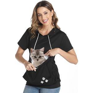 Women Big Pouch Shirt Pet Holder Pocket Top Short Sleeve Solid Color T-Shirt, Large 