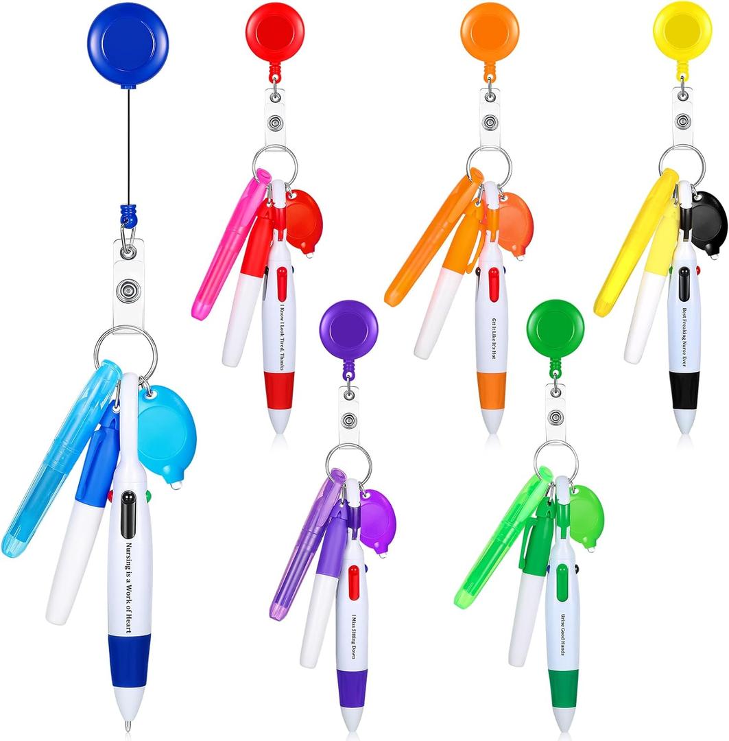 Chinco 30 Pcs Retractable Shuttle Pen Clip with Mini Highlighter Nurse Badge Pen Neon Marker LED Keychain Ring Clip (Mix Color)