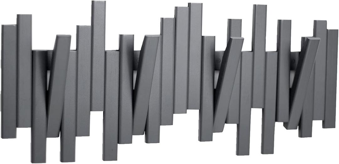 MinBoo Bamboo Multi Hook Coat Rack Modern, Unique, Space-Saving Coat Hanger with 4 Flip-Down Hooks for Hanging Scarves, Key, Hat, Umbrella and More, Gray