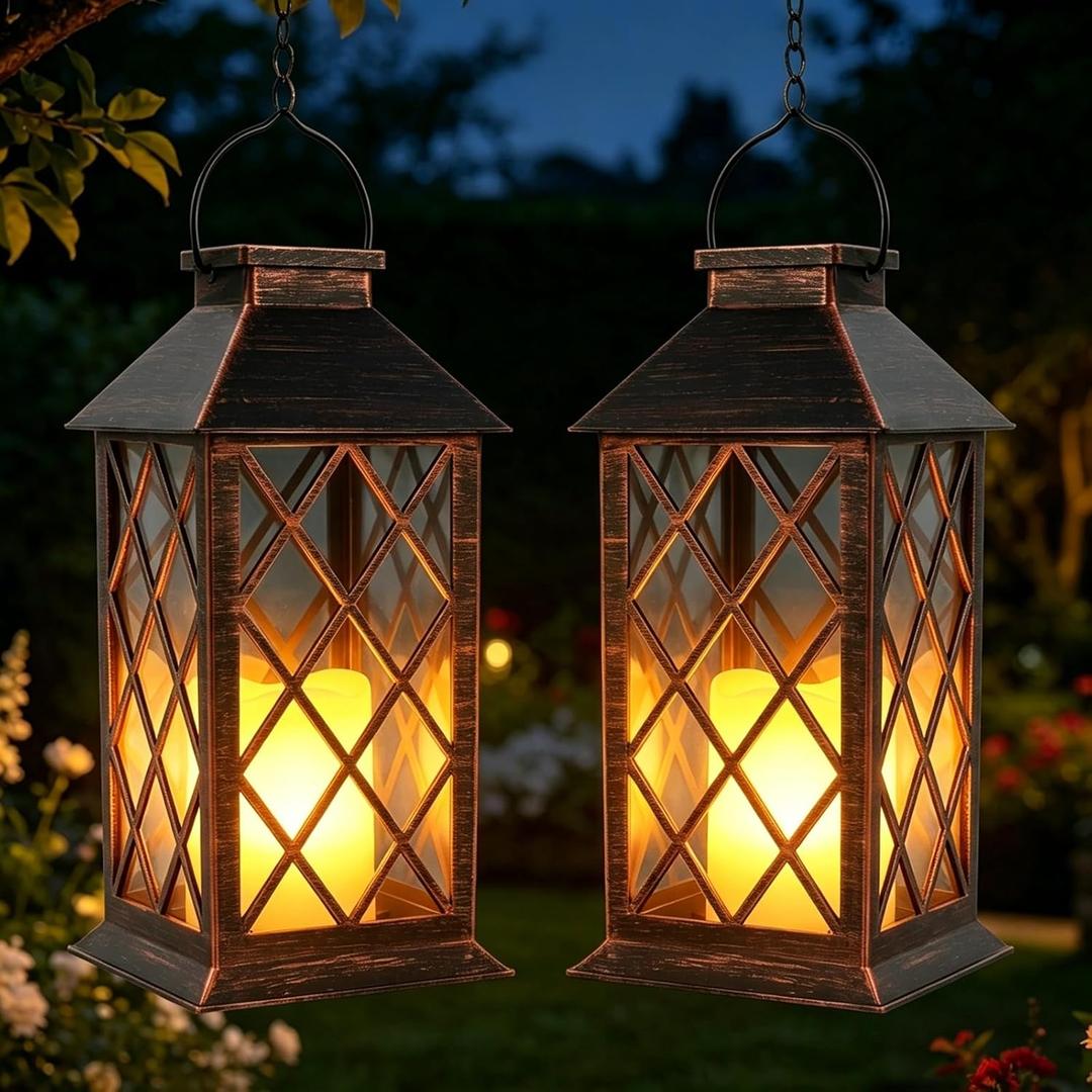 Solar Lanterns Outdoor Waterproof - 2 Pack 14" Large Hanging Solar Lantern with Glass Flickering Flame, IP65 Weatherproof Decorative Lanterns for Garden, Patio, Yard, Porch, Balcony, Gifts Mom Wife