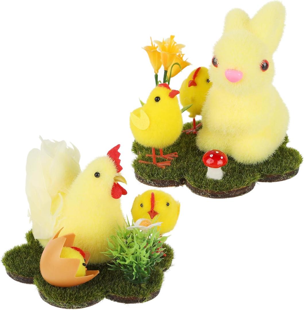 DR.DUDU Easter Bunny & Chicken Table Decor, 2 Pcs Small Chicks and Rabbit Flocked Figurines with Artificial Flowers for Spring Centerpiece, Easter Decorations for The Home Tabletop Gifts