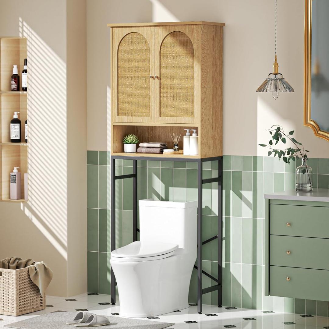 Rattan Toilet Storage Cabinet, Over the Rack Wood Cabinet with Metal Stand, Bathroom Organizer with Adjustable Shelf, Tall Freestanding Washer Shelf, Small Cupboard, Space Saver, Natural style (68.9"H)