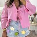 GORGLITTER Women's Plus Size Tie Front Tops Y2K Long Sleeve V Neck Going Out Coquette Blouses (Pink, XXL)