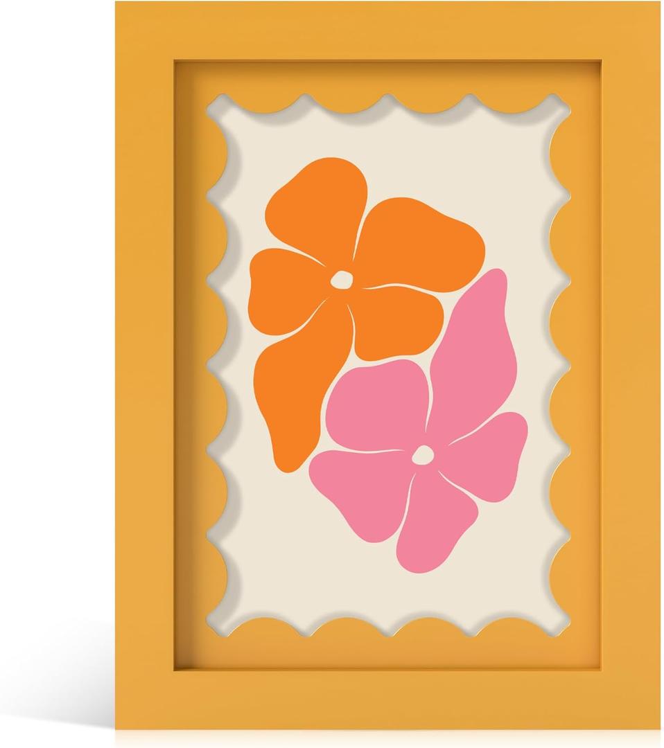 5x7 Picture Frame with Real Glass, Wooden cute 5 x 7 Photo Frame with Wavy Mat for Tabletop and Wall Hanging, Yellow, 1 Pack