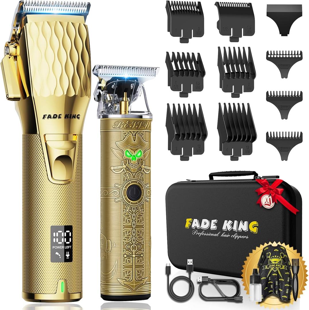 FADEKING Professional Hair Clippers & Beard Trimmer Set for Men  Cordless Barber Clippers with LCD Display, Precision Trimmer & Travel Case  Gifts for Men Husband Father (Gold + Bronze)