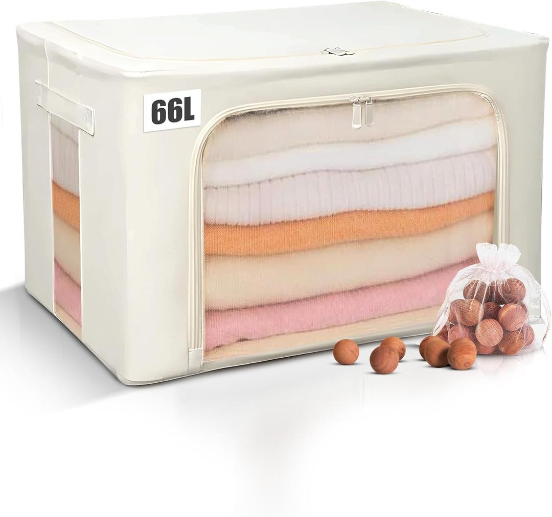 66L Large Cashmere Sweater Storage Bag with Steel Frame | Natural Red Cedar Protection | Foldable Closet Organizer with Oxford Fabric, Mesh Windows | Premium Garment Box for Wool, Winter Coat, Clothes