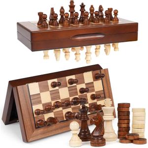 2 in 1 Magnetic Wooden Chess and Checkers Board Game Set, 12" Folding Chess Boards, Portable Travel Chess Sets with Pieces Storage Slots, Beginner Chess Game Set for Kids and Adults