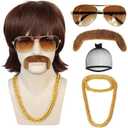 ANOGOL Wig Cap+5pcs Set Disco Wig Men Dark Brown 70S Wigs Shaggy 1970S Outfit Men 80S Flipped Ends with Bangs Retro Halloween Costume Party (Glasses+Chain+Mustache)