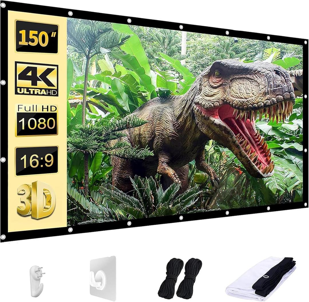 AAJK Projector Screen 150 inch, Washable Projector Screen 16:9 Foldable Anti-Crease Portable Projector Movies Screen for Home Theater Outdoor Indoor Support Double Sided Projection
