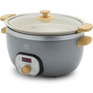 GreenLife 6 QT Ceramic Non Stick Slow Cooker, PFAS-Free Programmable Removable Pot for Family Meals, Sear on Stovetop Keep Warm, Digital Timer, Dishwasher Safe Glass Lid & Crock, Quartz Grey
