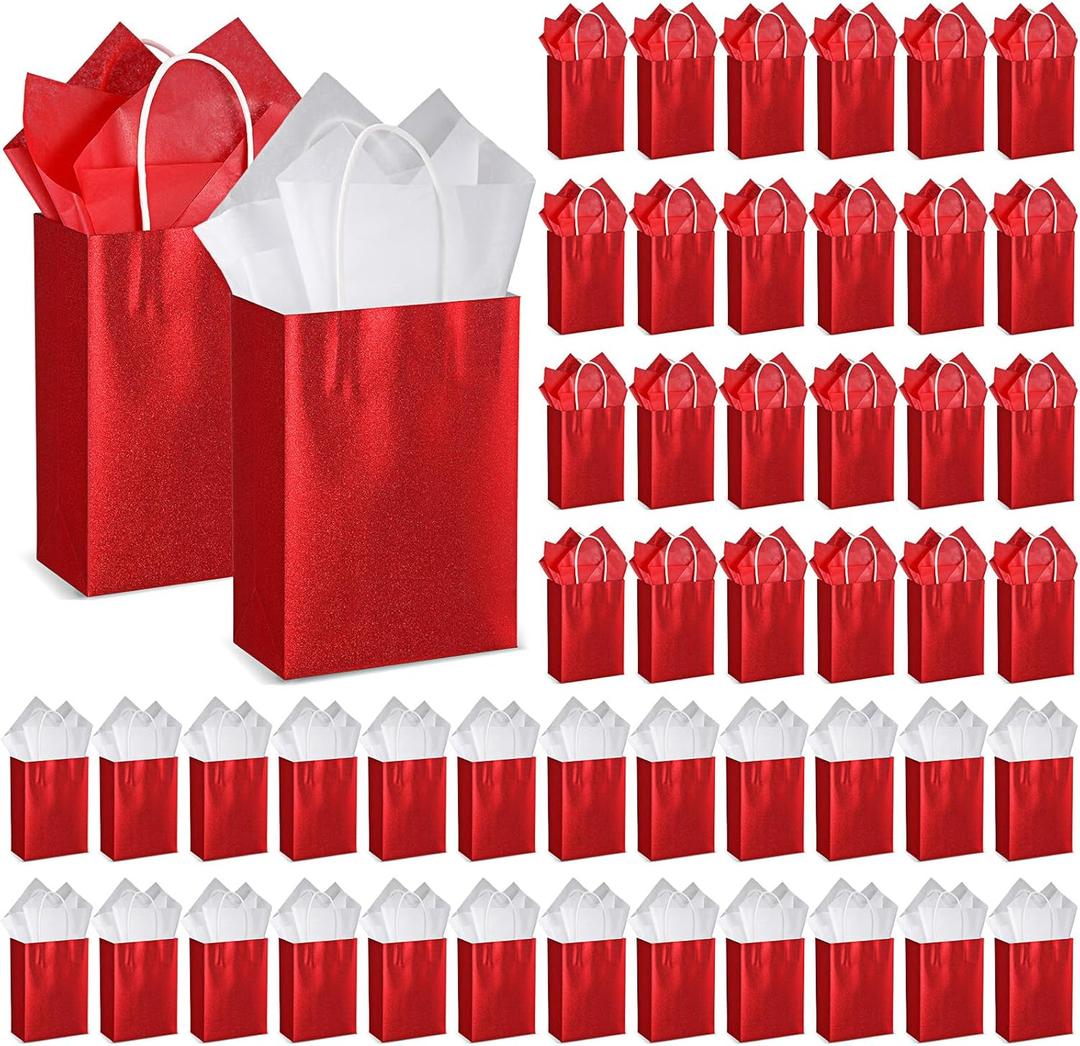Colarr 50 Pcs 8.2 x 5.9'' Glitter Kraft Paper Favor Bag with 100 Tissue Wrapping Paper Bulk, Xmas Wrap Bags Gift with Handle for Christmas Wedding Bridal Baby Shower Birthday(Red)