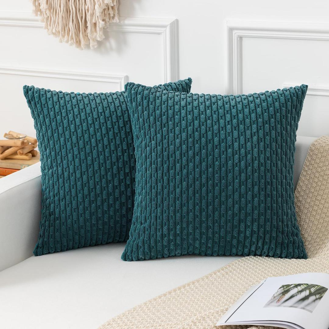 Kevin Textile Throw Pillow Covers Soft Corduroy Decorative Set of 2 Boho Striped Pillow Covers Pillowcases Farmhouse Home Decor for Couch Bed Sofa Living Room 20x20 Inch Teal Blue