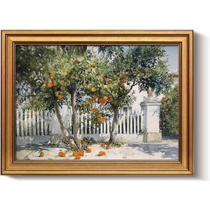 Bzstyleart Vintage Wall Art Decor for Living Room, Gold Framed Canvas Wall Art Home Decor Aesthetic, Orange Courtyard Prints, Canvas Picture Print Artwork, 12 x 16 Inch