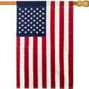 WDGG Embroidered American Flag 28 x 44 on Stick - Sewn Stripes Applique - 4th of July Patriotic Double Sided US Flag for Outdoor (Pole Not Included)