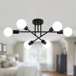 MEIXISUE Black Modern Sputnik Chandelier Ceiling Light Fixtures,6-Lights Industrial Metal Semi Flush Mount Ceiling Light for Bedroom Dining Room Living Room Kitchen Hallway UL Listed