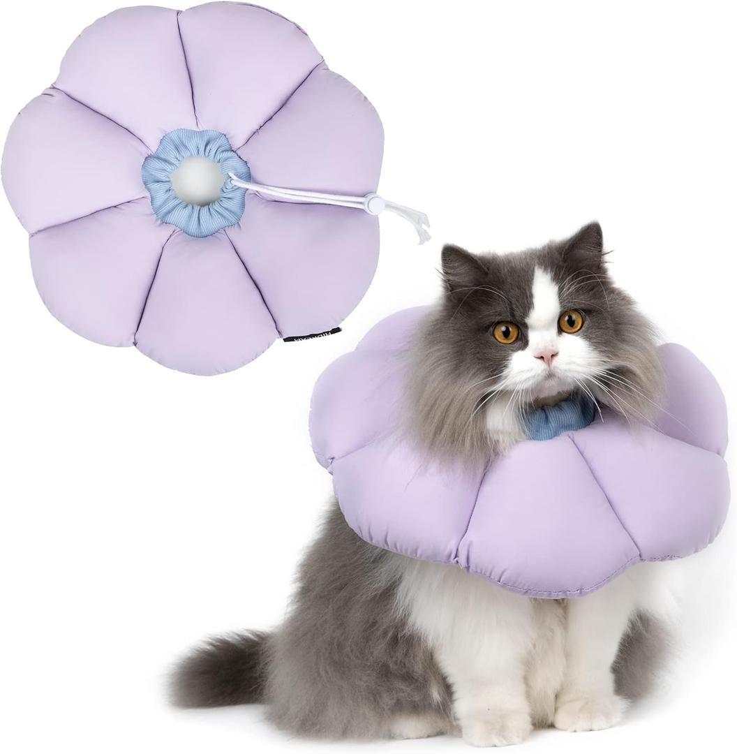 Cat Cone Collar,Cute Waterproof Cat Recovery Collar,Anti-Bite Lick Wound Healing Safety Elizabethan e Collar for Cats,Purple Flower All-Season Style (Medium, purple)