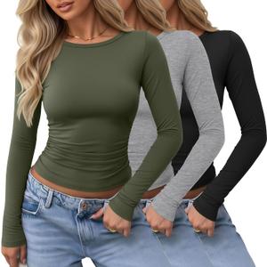Locoowai 3 Pack Women's Long Sleeve Shirts Crewneck Going Out Basic Tops Tight Slim Fit Side Ruched Crop Tees Y2k Outfits S