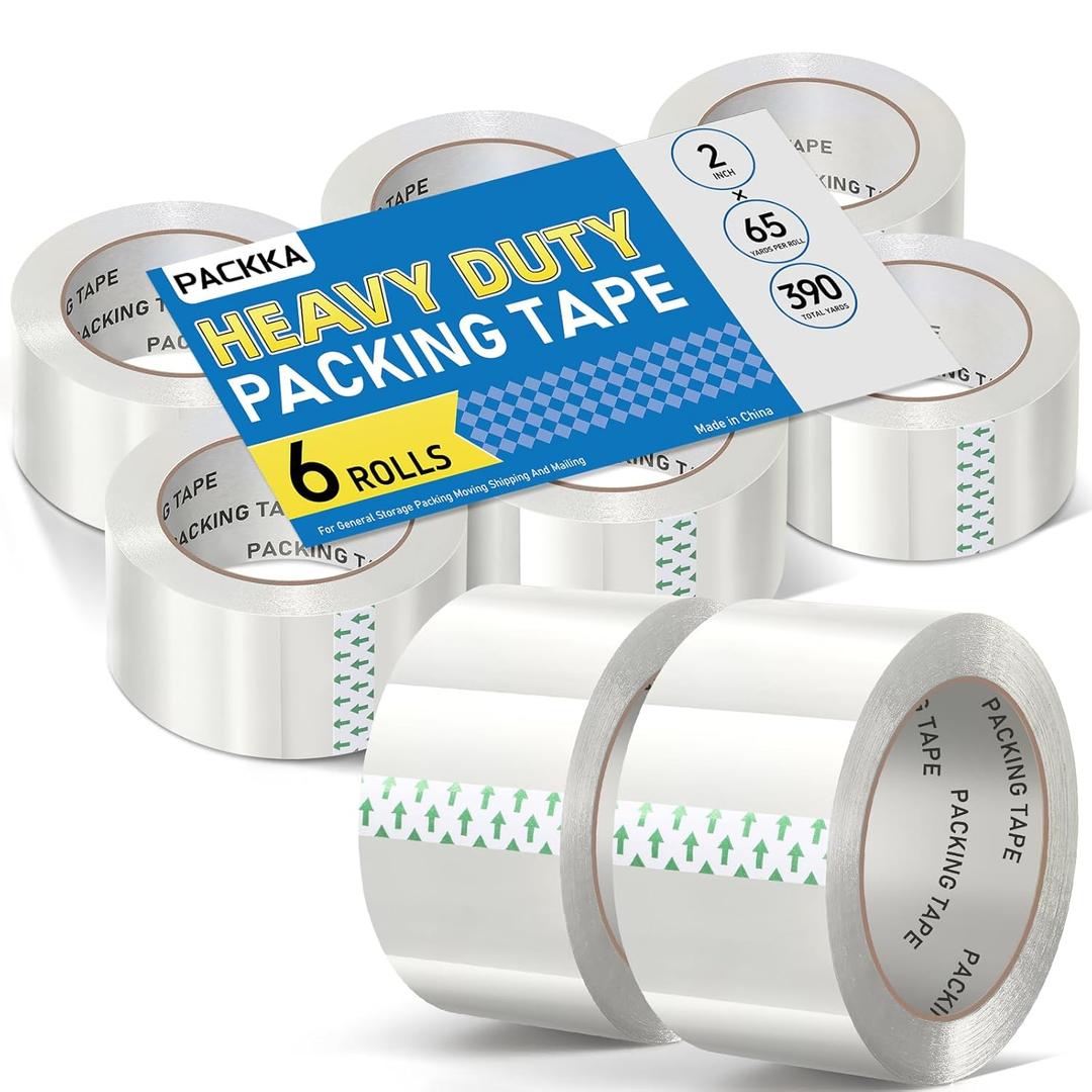 Clear Packing Tape, 6 Rolls Heavy Duty Shipping Tape Packaging Tape Refills Box Tape for Shipping Mailing Moving Sealing Storage and Packing, 2 inch x 65 Yards Per Roll