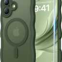 3 in 1 Magnetic for iPhone 17 Case, Cute Wavy [Full Camera Protection] [Fit for MagSafe] 1X Screen Protector+1X Wrist Strap, Anti-Slip Trendy Women Girly Phone Case for iPhone 17 6.3", Deep Green