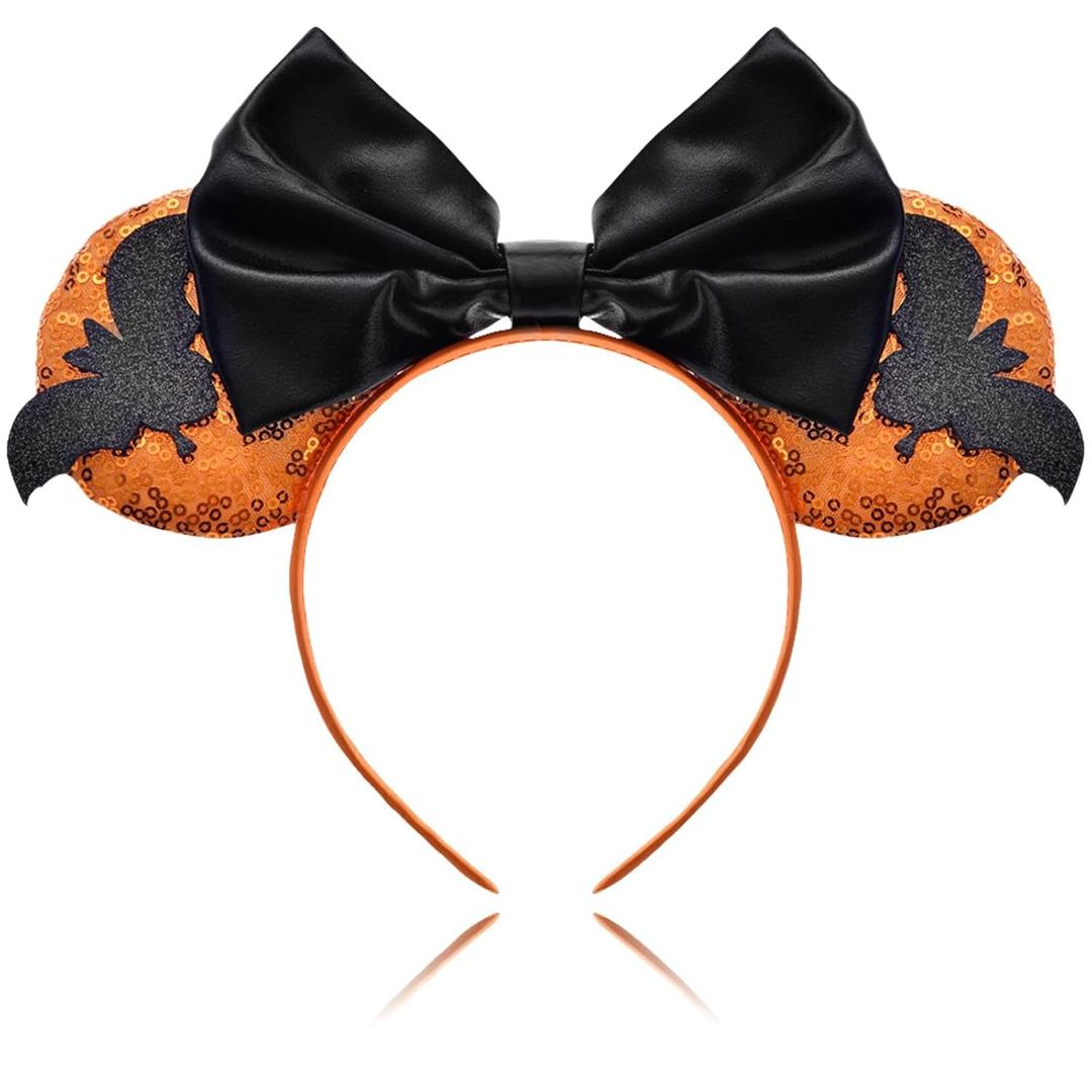 2 x Orange Mouse Ears Halloween Headbands, Bow Bat Halloween Hair Accessories for Woman Man (Black Bow) (Orange)