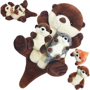 5 PCS Sea Otter Stuffed Animals, Large Mommy Stuffed Otter Plush with Babies Inside - Soft Cuddly Otter Pillow Toy with 4 Babies in Zippered Belly for Kids Christmas Birthday Gifts Ocean Party Decors