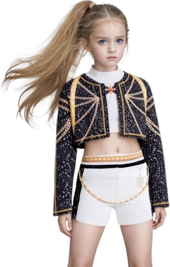 Rumi Golden Costume Kids, Kpop Girls Halloween Cosplay Outfit 3PSC Set Include Jacket T-Shirt Shorts (7-8 Years)