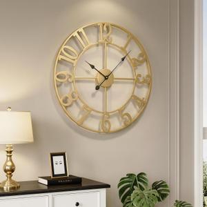 Large Wall Clock Gold Clocks for Living Room, 24 Inch Decorative Wall Clocks Battery-Operated, Modern Metal Round Clock Silent Non Ticking for Kitchen Mantel Bedroom Office Decor, Arabic Numerals