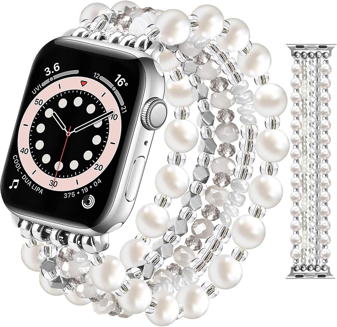 JR.DM Beaded Bracelet Bands for women Compatible with Apple Watch  41/40/38/42mm(S10/11)-S Fashion Cute Dressy Stretchy Handmade Strap for iWatch Series (Pearl White)