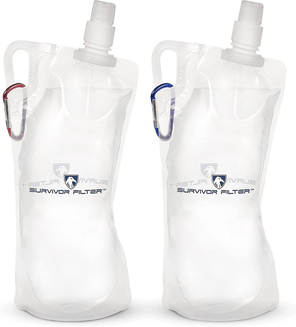 Survivor Filter Clear Collapsible Water Bottles - Travel, Hiking, Foldable, BPA-Free - 2 x