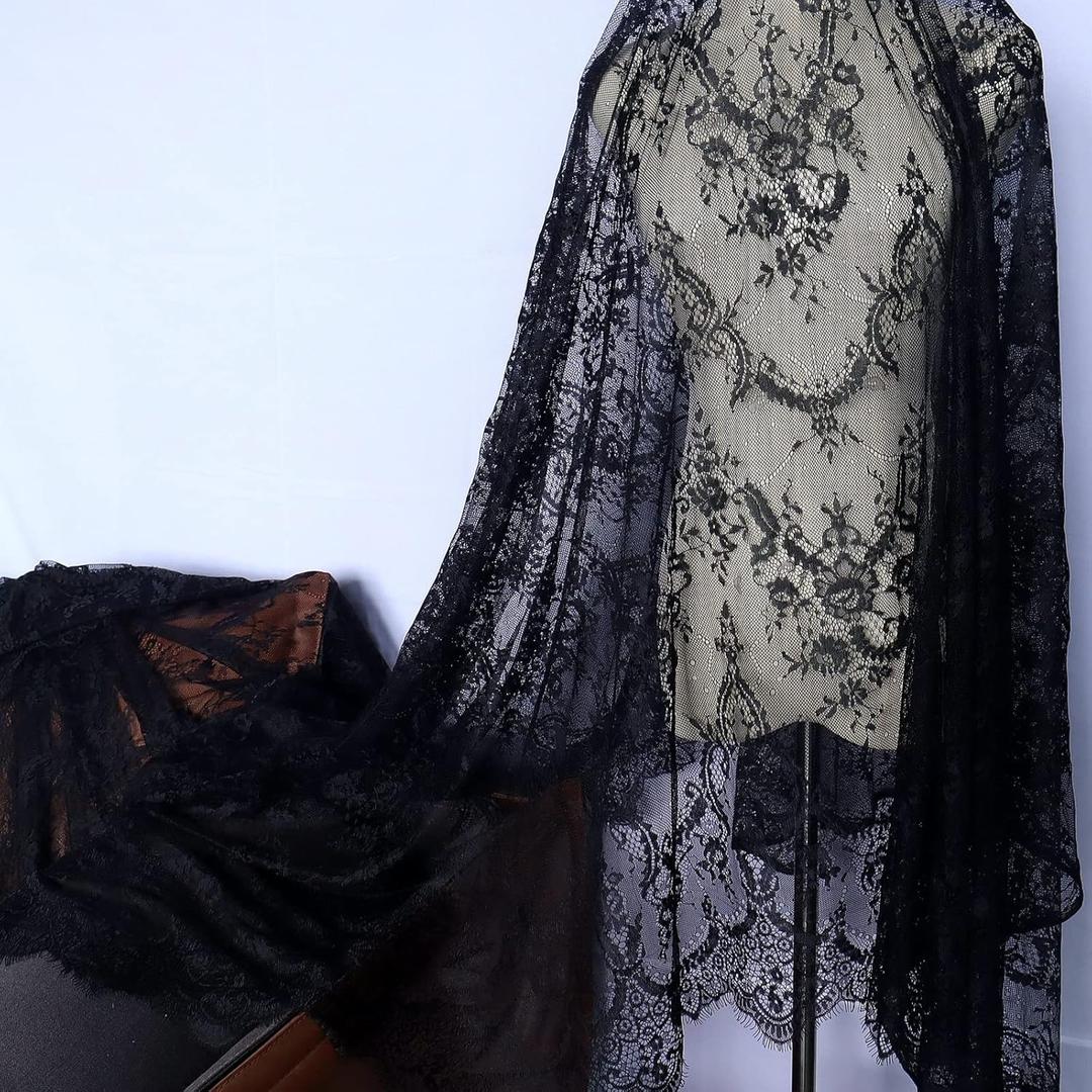 IDONGCAI Elegant Black French Chantilly Lace Fabric by The Yard  60120 Inch Soft Eyelash Floral Lace Trim for Bridal Dress, Wedding Decor, DIY Couture & Home Crafting Projects