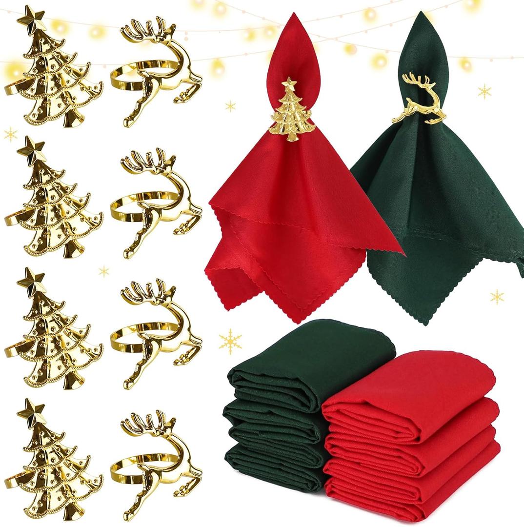 16 Pcs Christmas Napkin Rings Cloth Set, Include 8 Pieces Gold Napkin Rings with 8 Pieces Solid Color Dinner Napkins for Party Decoration, Dinning Table, Holiday, Wedding, Tabletop Dcor