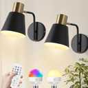 Battery Operated Wall Sconce Set of 2,Rechargeable Wall Lights with Remote Control,Black Gold Modern Wall Sconces Dimmable,15 Colors, Wireless LED Wall Lamp for Bedroom Living Room Farmhouse Hallway