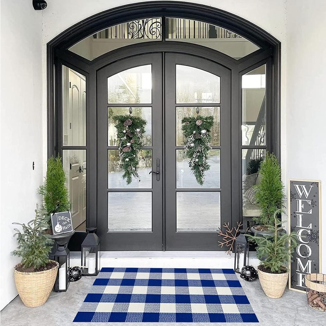 SEEKSEE Buffalo Plaid Outdoor Rug 27.5x43 Blue and White Front Door Mat, Layering Rug for Porch, Summer Doormat, Front Porch Rug for Outdoor Entrance Entryway Patio Porch Decor