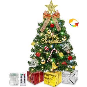 Dual Color Change&Remote Control 24 Inch/2FT Tabletop Christmas Tree with Lights Timer, 20 Warm White&Colored Lights 8 Modes 27 Orantments Star Boxes Mini Small Christmas Tree Xmas Home Party Decor