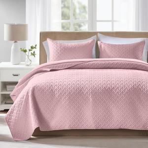 FLYMME Pink Twin Quilt Bedding Set Thin Lightweight Bedspreads,Modern Style Geometric Weave Stripe Pattern,Soft Microfiber Bed Coverlet for All Season (1 Quilt, 1Sham)