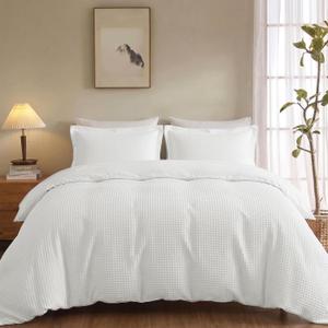 Waffle Weave Cotton Duvet Cover Queen Size - 100% Cotton Duvet Cover Set for All Season, Textured PureWoven Breathable Bedding Sets 3 Pcs with 2 Pillow Shams, Zipper, 4 Conner Ties,White