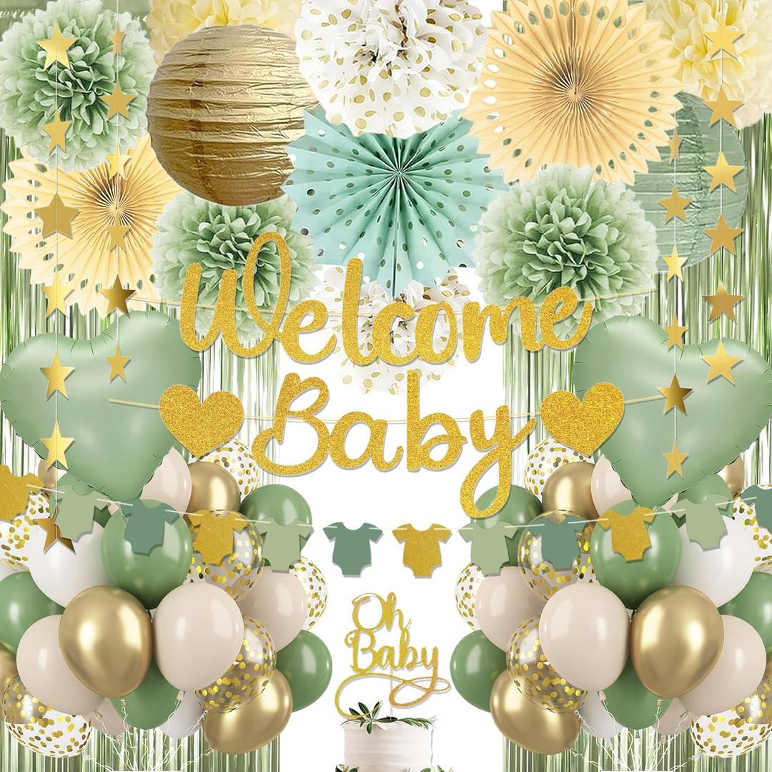 Sage Green Baby Shower Decorations - Gender Neutral Baby Shower Decor Set with Welcome Baby Banner, Tissue Pom Poms, Paper Lanterns, Flower Fans, Balloons, "Oh Baby" Cake Topper & Star Garland