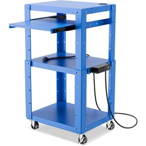 AV Presentation Cart Stand with Power Strip and Casters, Rolling Presentation and Media Cart on Wheels, Metal Construction, with Adjustable Shelves, 4 Wheels, 3 Outlets, 16.5ft Cord, Blue