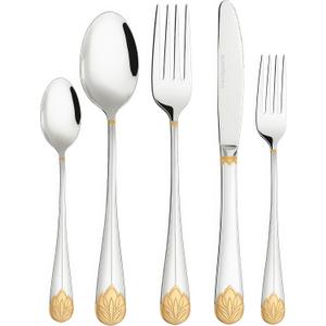 Silverware Set Limited Edition  30 Piece Family Dinnerware Set  Flatware Set for 6  Silver Tableware Set w/Gold Accents  Spoons, Knives, Teaspoons, Forks, Salad Forks
