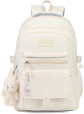 PRLINJSK Girls Backpack for College High Middle School Student, Cute Aesthetic Bookbag for Teens Women with Accessories, Beige