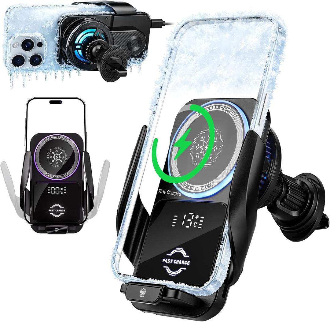 Cooling Car Phone Holder, 15W Wireless Car Charger Mount, Smart Sensing Car Vent Phone Stand with RGB Ambient Light, Auto Clamping Anti-Shake Mount Stands Compatible for iPhone, Android Smartphones