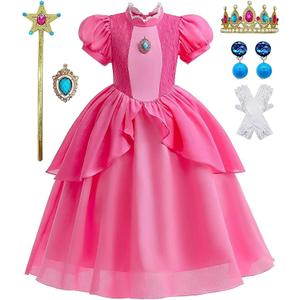 GZ-LAOPAITOU Peach Costume for Girls Princess Peach Dress Kids Halloween Cosplay Birthday Party Dress Up Outfits, Size 120