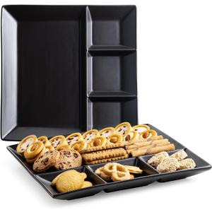 LAUCHUH Divided Serving Platters, 11 x 11 inch Porcelain Chip & Dip Serving Set Dinner Serving Tray 4 -Compartment Serving Dishes for Christmas, Candy, Nuts,Veggies, Snacks and Sauce, Black