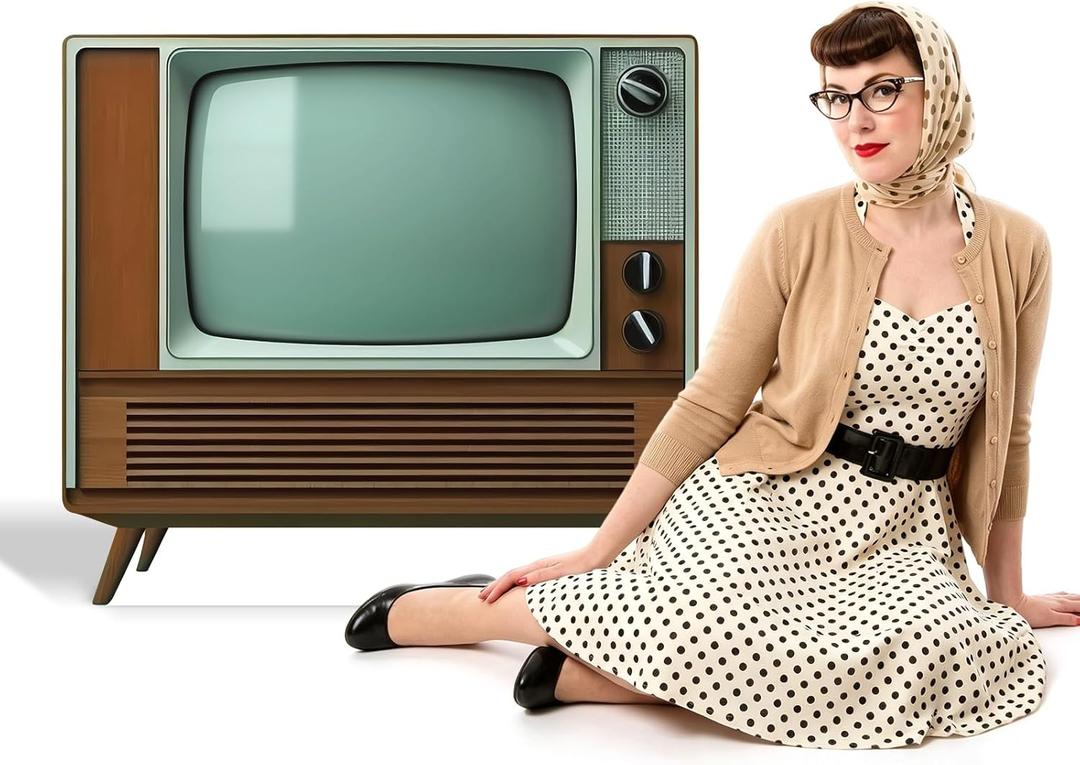 2.6 Ft Old TV Cardboard Cutout Standee Life Size Vintage Television Photo Booth Props Retro 1950s TV Stand Up Backdrop for Theme Party, Classroom, Home Theater, Stage and Game Room Decor