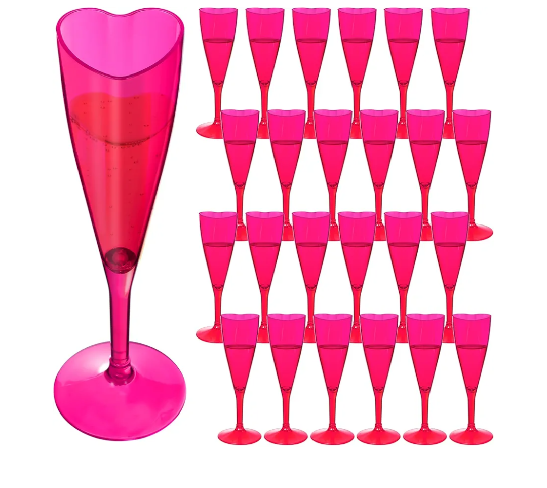 24 Pcs Heart Shaped Champagne Flutes Wedding Plastic Goblet Cups 4.4oz Disposable Toasting Glasses Cups for Galentine Bachelorette Wedding Bridal Shower Party(Clear,Hot Pink)
