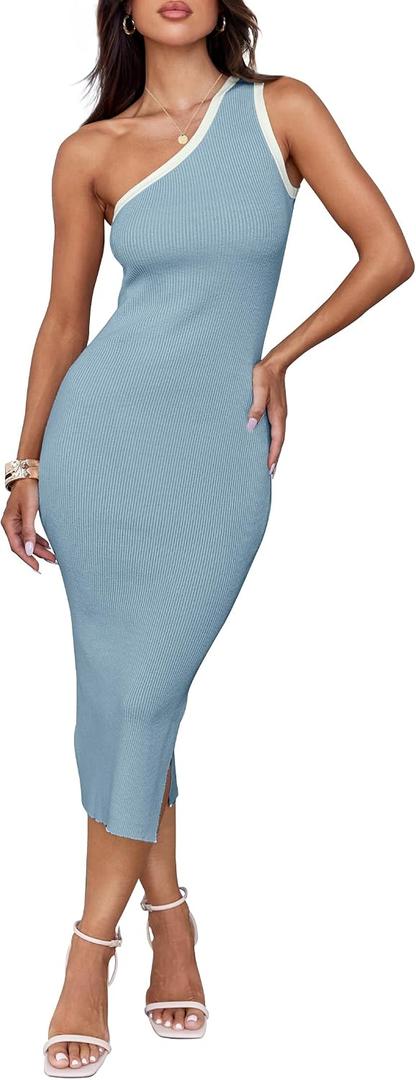 ZESICA Women's Sleeveless One Shoulder Bodycon Sweater Dress (Blue, M)