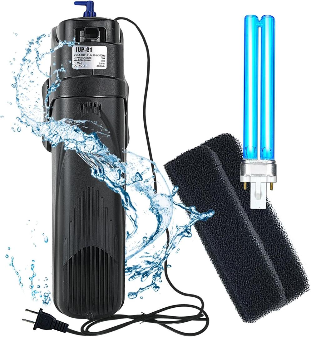 COOSPIDER Aquarium Filter Sun JUP-01 for 40-80 Gallon Tank Clear, U-V Fish Tank Green Clean Machine Submersible Pump w/ 1 Spare Bulb + 2 Replace Filter