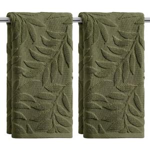 Artoid Mode 2 Pcs Olive Green 3D Leaves Jacquard Hand Towels for Bathroom, 100% Cotton Soft Absorbent Bathroom Decor Towels, 13.7 x 29.5 Inch