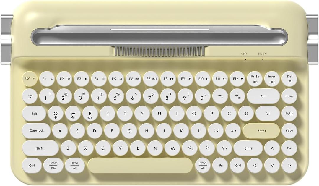 Ajazz AF84 Wireless Membrane Silent Typewriter Keyboard, Bluetooth/2.4G Dual-Mode Connection, Cute Retro Aesthetic Design with Integrated Stand for Tablet, Phone, PC and Win/Mac/Android Yellow